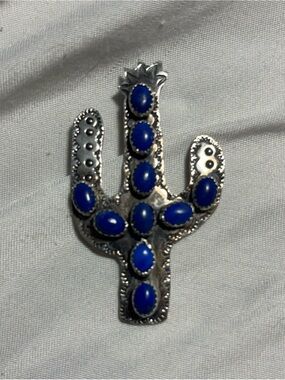 Silver Southwestern Cactus Pendant with Lapis Stones